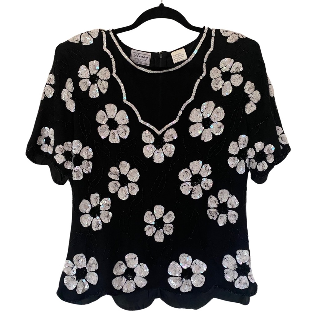 VTG sequin black and white top 1980s 100%‎ silk M floral